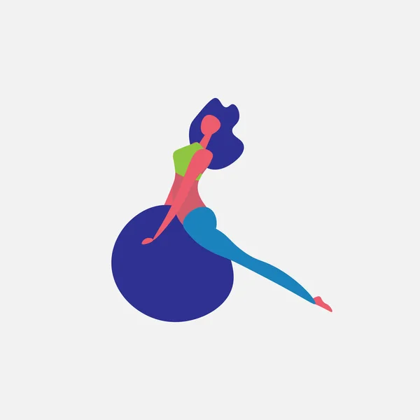 Mujer haciendo ejercicios de fitness en forma de bola de dibujos animados carácter deportista actividades aisladas estilo de vida saludable concepto de longitud completa plana — Vector de stock