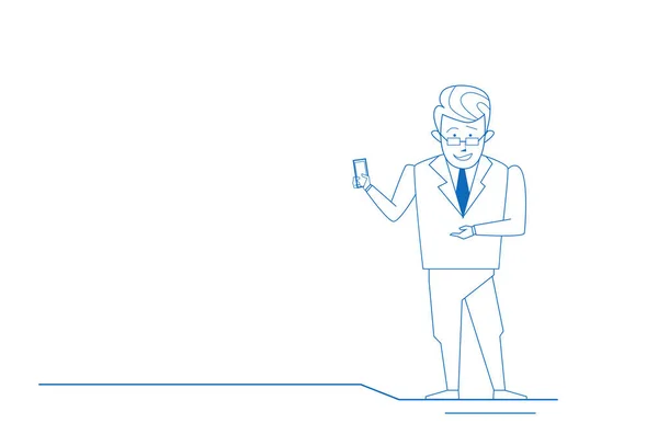 Бизнесмен, использующий концепцию рабочего процесса смартфона бизнес человек силуэт эскиз каракули горизонтальные — стоковый вектор
