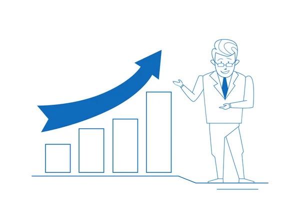 Business man financial graphs business analytics concept growth arrow diagram over white background full length —  Vetores de Stock