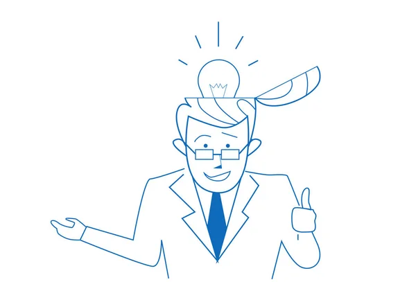 Cabeça aberta homem de negócios pensando ideias de negócios inspiração nova ideia luz conceito brainstorming processo horizontal retrato esboço doodle — Vetor de Stock