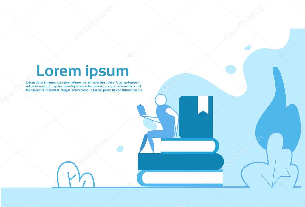 businessman sitting on book stack education concept copy space horizontal flat vector illustration