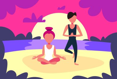 Yoga yaparken adam kadın çift günbatımı plaj arka plan erkek kadın spor aktivite çizgi film karakteri tam uzunlukta düz yatay egzersizleri