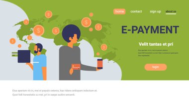 Mobil e-ödeme uygulama Doları para küresel çevrimiçi kullanarak iş adamları kavramı düz yatay kopya alanı ödeme