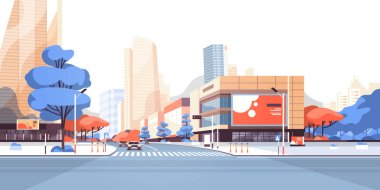 Şehir sokak yol gökdelen binalar görünümü modern cityscape downtown billboard yatay düz reklam