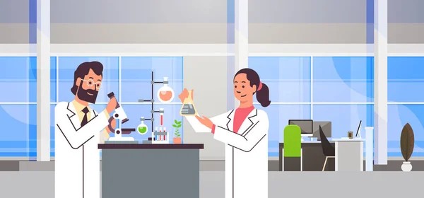 夫妇科学家在实验室做研究男性妇女做科学实验室内人像工作室水平 — 图库矢量图片