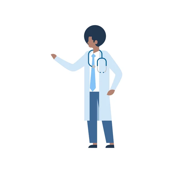 Afro-américain médecin médecin stéthoscope profil icône mâle avatar pleine longueur concept de soins de santé plat — Image vectorielle