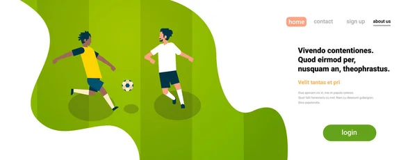 Juego de fútbol dos jugadores de fútbol diferentes equipos en campo championchip concepto bandera plana espacio de copia — Archivo Imágenes Vectoriales