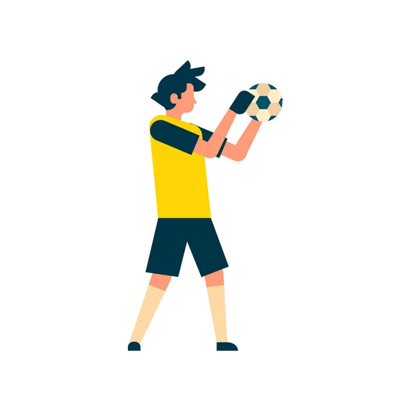 Футболіст воротар впіймає м'яч ізольований спортивний чемпіонат плоский персонаж повної довжини — стоковий вектор