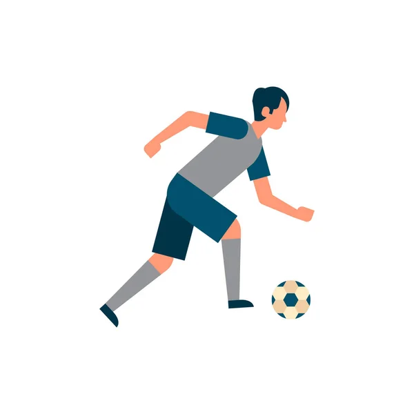Fútbol jugador ataque patada pelota aislado campeonato deportivo plana carácter de longitud completa — Vector de stock