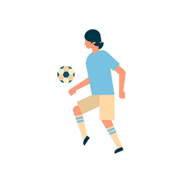 Fútbol jugador patada pelota aislado campeonato deportivo plana carácter de longitud completa — Vector de stock