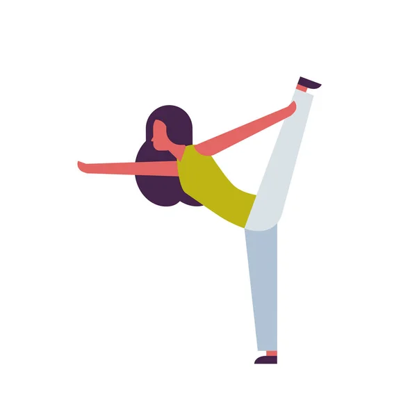 Mujer haciendo ejercicios de yoga mujer personaje de dibujos animados actividades de fitness diversidad aislada plantea concepto de estilo de vida saludable longitud completa plana — Vector de stock