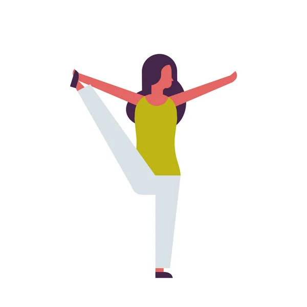 Mulher fazendo exercícios de ioga feminino personagem de desenho animado atividades de fitness diversidade isolada coloca conceito de estilo de vida saudável comprimento total plana —  Vetores de Stock