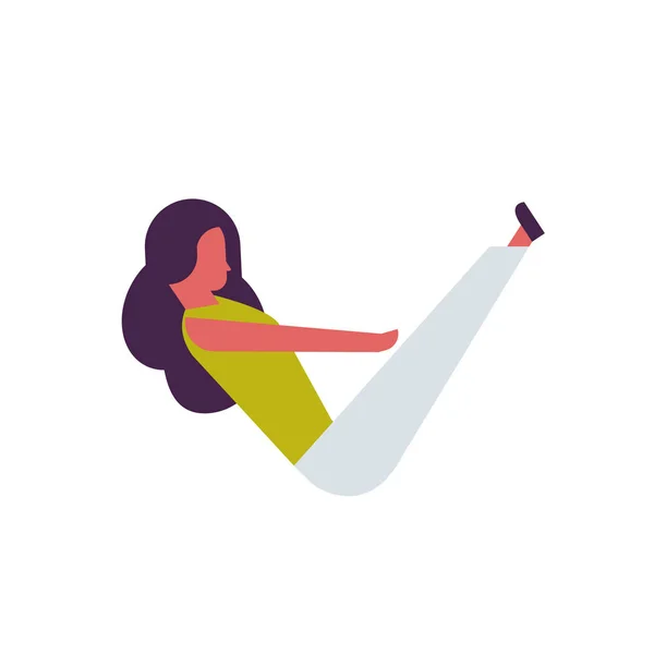 Mujer haciendo ejercicios de yoga mujer personaje de dibujos animados actividades de fitness diversidad aislada plantea concepto de estilo de vida saludable longitud completa plana — Vector de stock