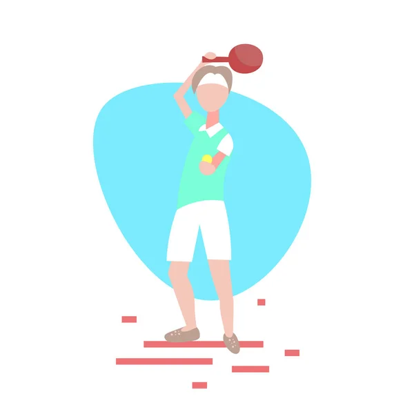 Adam ping pong oyuncunun elinde raket beyaz arka plan erkek spor aktivite çizgi film karakteri tam uzunlukta düz — Stok Vektör