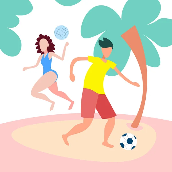 情侣玩沙滩游戏女性男性活动卡通人物全长平 — 图库矢量图片