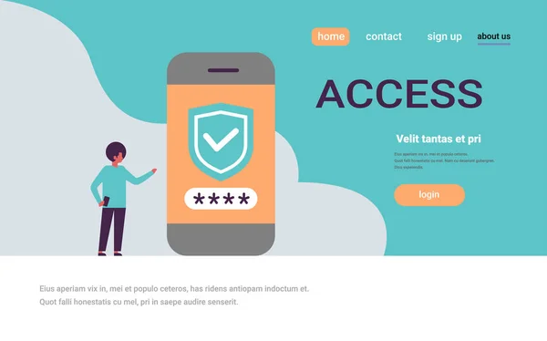 Homme africain déverrouiller le smartphone passe vérification sécurité mobile app accès concept horizontal copie espace plat pleine longueur — Image vectorielle