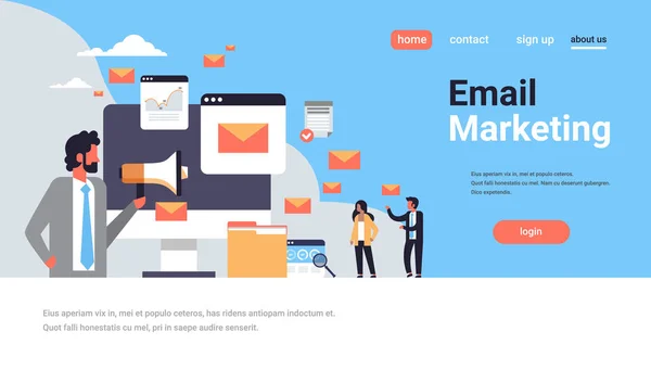 Empresario celebración de megáfono concepto de email marketing en línea mensajero de comunicación aplicación sobre icono horizontal plano espacio de copia — Archivo Imágenes Vectoriales