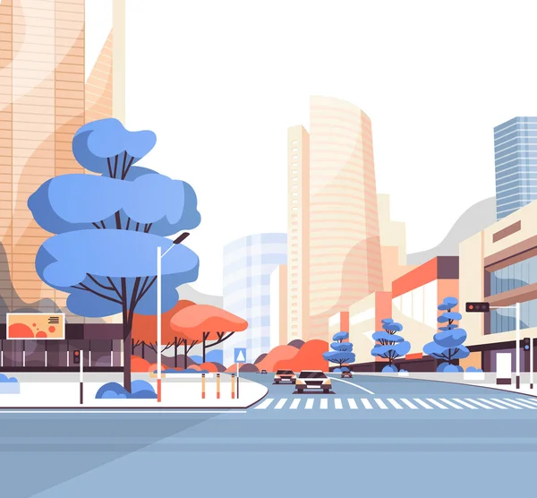 Şehir sokak yol gökdelen binalar modern cityscape downtown düz görüntülemek — Stok Vektör
