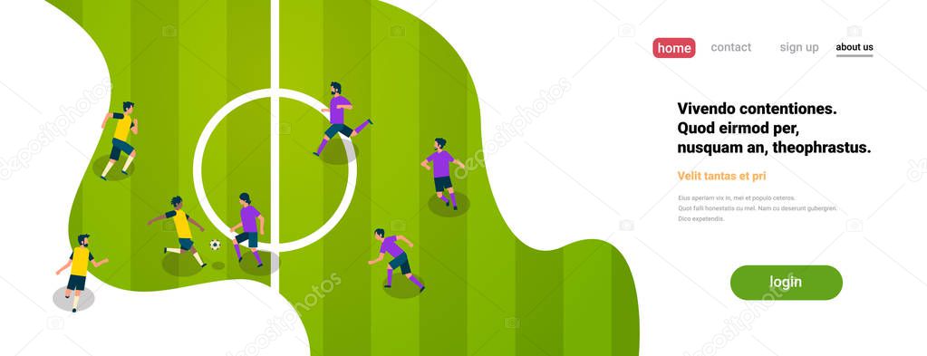 football match with players top angle view soccer game championship concept flat banner copy space vector illustration