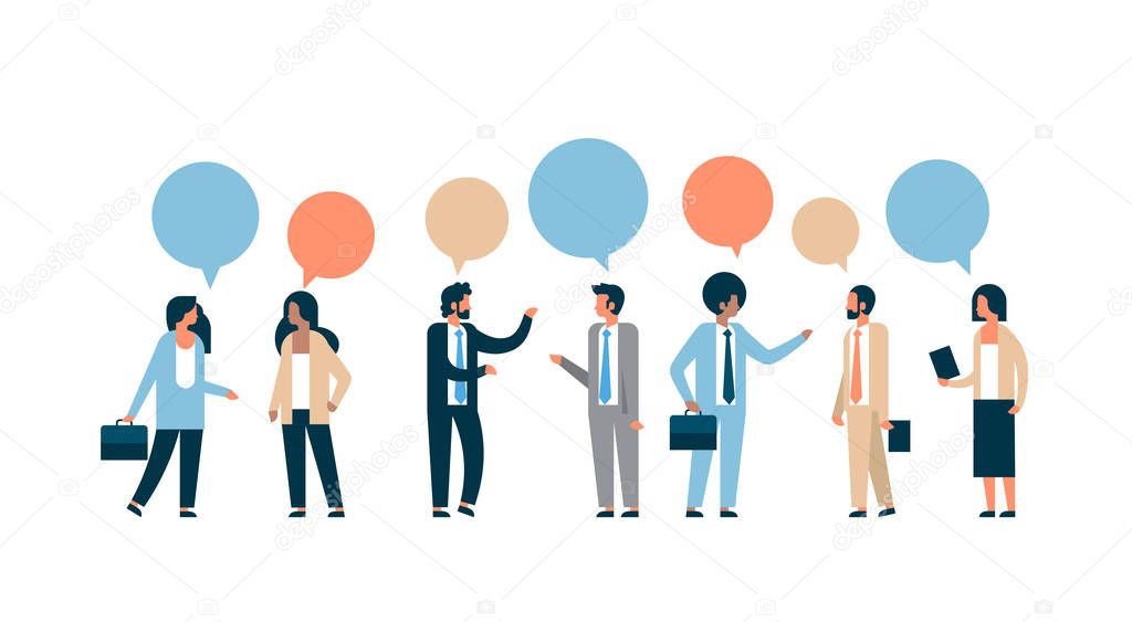 mix race business people chat bubble communication concept isolated man woman relationship horizontal flat full length