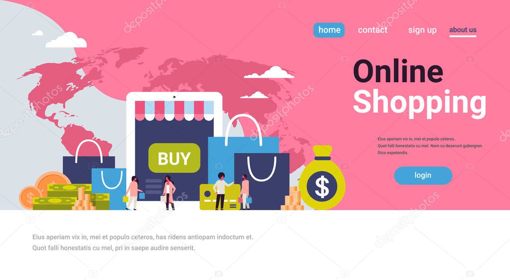 online shopping concept over paper packages money dollar mix race people stay together world map background flat banner copy space