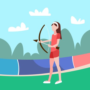 yay ok kadın spor aktivite çizgi film karakteri tam uzunlukta düz tutarak kadın okçu