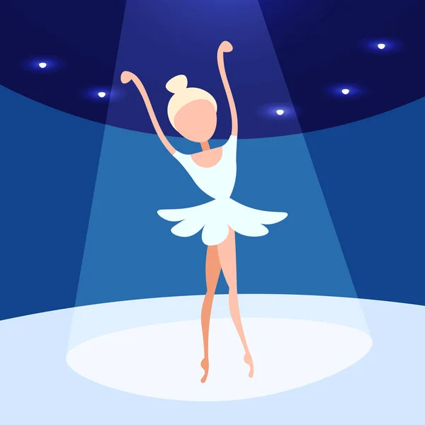 Ballerina vrouw dansen van ballet fase achtergrond vrouwelijke cartoon karakter volle lengte plat — Stockvector