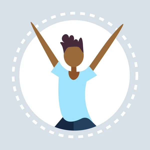 Афроамериканський чоловік піднімає руки вгору круглою рамкою сірий фон безликий чоловічий мультиплікаційний персонаж портрет квартири — стоковий вектор