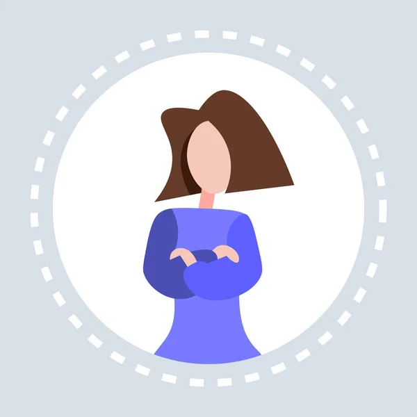 Casual vrouw kruising degenen arms ronde frame grijze achtergrond vrouwelijke cartoon karakter portret plat — Stockvector