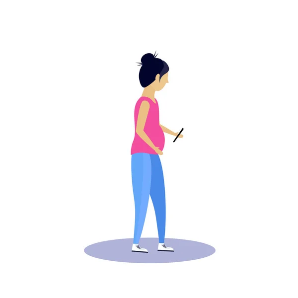Gravid kvinna profil isolerat med smartphone kvinnliga tecknad karaktär full längd platt — Stock vektor
