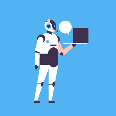 bot yardımcı sohbet etmek dizüstü kişisel asistan sohbet kabarcık iletişim robot karakter yapay zeka kavramı mavi arka plan düz boy