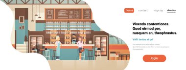 Garson barista barmen yönetici personel pub iç olay kavramı düz yatay banner kopya alanı vektör çizim için hazır