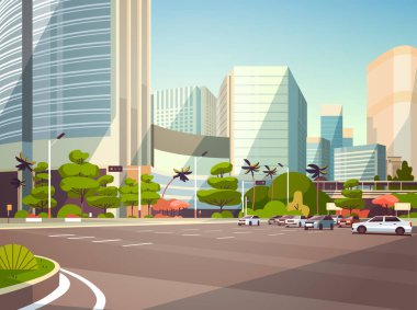 Şehir araba park gökdelen bina cityscape modern üzerinde yatay düz arka plan