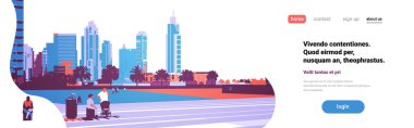 insanlar yürürken, insanlar kavramı gökdelen bina cityscape modern arka plan düz yatay banner kopya alanı üzerinde rahatla.