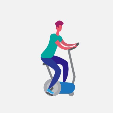 adam eğitim egzersiz bisikleti sabit bisiklet çizgi film karakteri spor erkek aktiviteleri binme sağlıklı yaşam konsepti tam uzunlukta düz vektör illüstrasyon izole