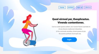 kadın eğitim egzersiz bisikleti sabit bisiklet çizgi film karakteri spor kadın aktiviteleri sürme sağlıklı yaşam konsepti tam uzunlukta yatay kopya alanı düz vektör illüstrasyon izole