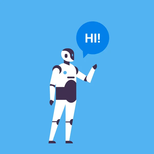 Bot helper chatbot asistente personal chat burbuja comunicación robot carácter inteligencia artificial concepto azul fondo plano longitud completa — Archivo Imágenes Vectoriales