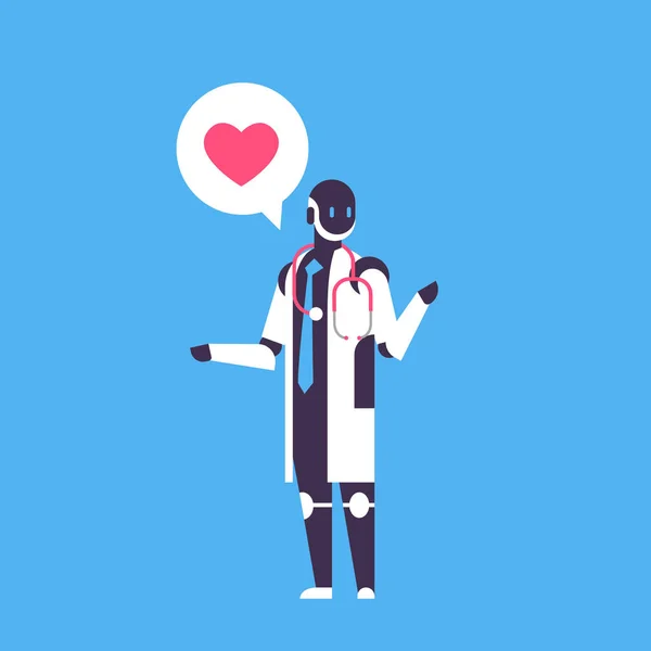 Robot médico bot ayudante asistente personal chat burbuja médica consulta en línea carácter robótico inteligencia artificial concepto azul fondo plano longitud completa — Archivo Imágenes Vectoriales