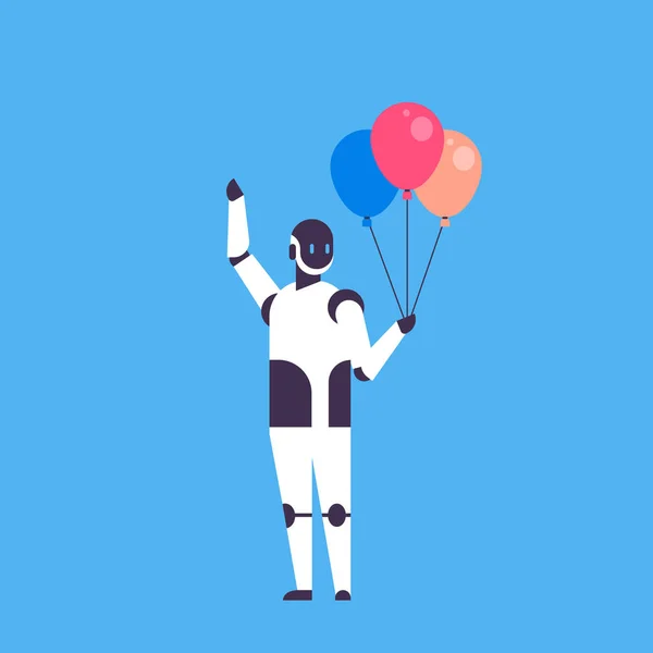 Moderne robot houden ballonnen vieren gebeurtenis helper bot artificial intelligence technologie concept blauwe achtergrond plat — Stockvector