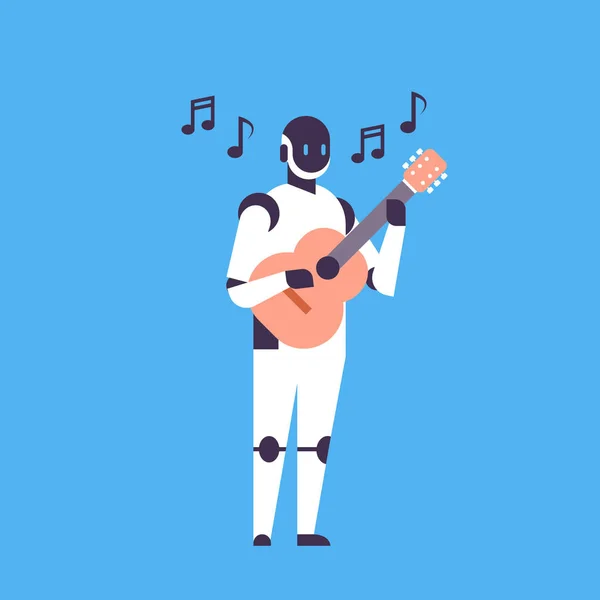 Robô moderno tocando guitarra música helper bot inteligência artificial conceito tecnologia azul fundo plano —  Vetores de Stock