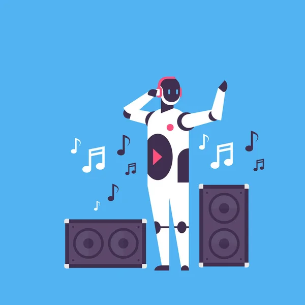 Modern robot audio speakers bot character artificial intelligence dj music concept blue background flat full length — Stock Vector