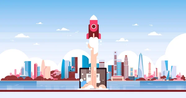 Démarrage fusée innovation sur gratte-ciel ville panorama vue paysage urbain fond skyline plat bannière horizontale — Image vectorielle