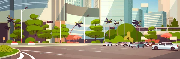 Estacionamento da cidade sobre edifícios arranha-céus moderno paisagem urbana fundo horizontal banner flat —  Vetores de Stock