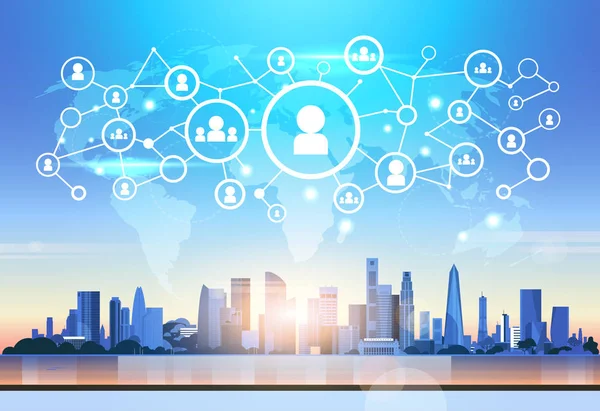 Világ megjelenítése futurisztikus felhasználói profil ikonra felület szociális média hálózati kapcsolat fogalma a városkép háttér sík és vízszintes — Stock Vector