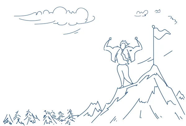 Hombre de negocios escalado montaña bandera líder hombre de negocios punto superior éxito ganar concepto masculino silueta boceto garabato horizontal — Archivo Imágenes Vectoriales