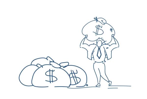 Affärsman hålla pengar väska dollar tillväxt rikedom konceptet framgångsrik strategi manliga siluett skiss doodle horisontella — Stock vektor