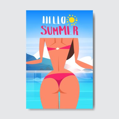Dikiz seksi kadın güneşli plaj ganimet çıplak kıçını bikini yaz tatil rozet tasarım etiketi sakin ol. Sezon tatil tebrik kartı baskılar ve posterler şablonları davet için logo yazı