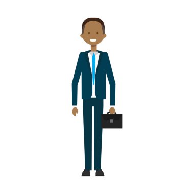 iş adamı ile bavul, tam uzunlukta avatar beyaz arka plan, başarılı iş kavramı, düz çizgi film tasarım