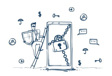 adam iş takım elbise Shield tırmanmak merdiven güvenli asma kilit genel veri koruma yönetmeliği Gdpr sunucu güvenlik görevlisi üzerinde beyaz arka plan elle çizilmiş