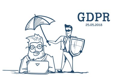 iş takım elbise kalkan bir dakika dostum şemsiye istemci çalışma ofis resepsiyon genel veri koruma yönetmeliği Gdpr sunucu güvenlik görevlisi üzerinde beyaz arka plan elle çizilmiş